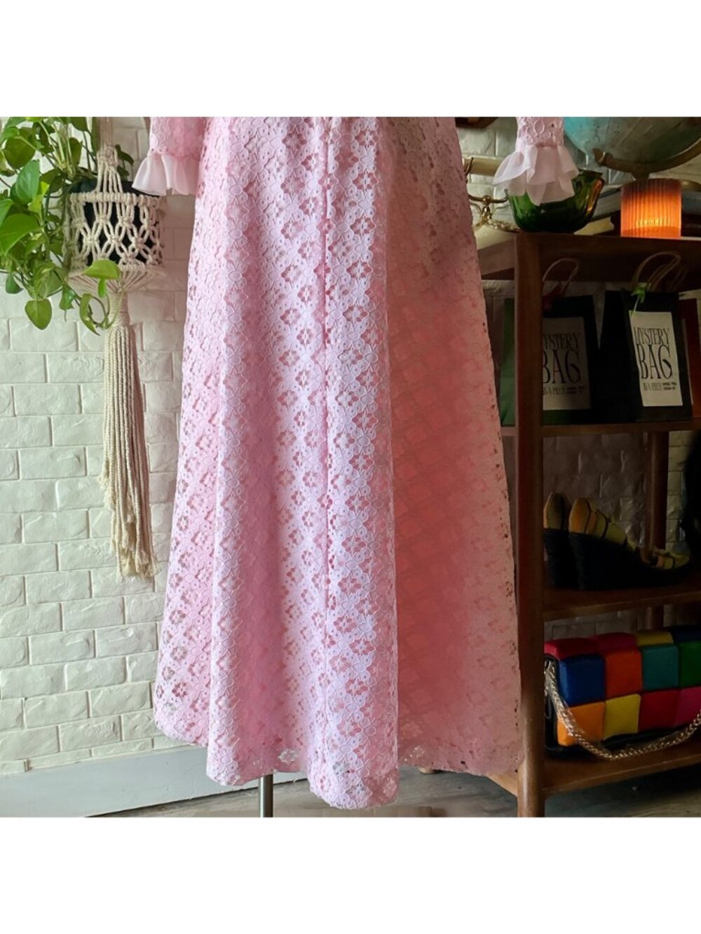 Vintage 1960s Bernie Bee Union Made Pink Lace Prairie Dress - Picture 10 of 13